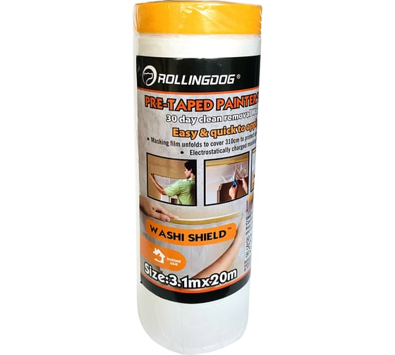 Пленка укрывная защитная с малярной лентой Washi Tape 3.1х20 м Rollingdog 81446 1