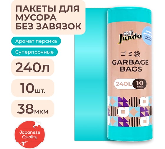 Мешки для мусора без завязок Garbage bags бирюзовые, 240 литров, 10 шт Jundo 4640050731149