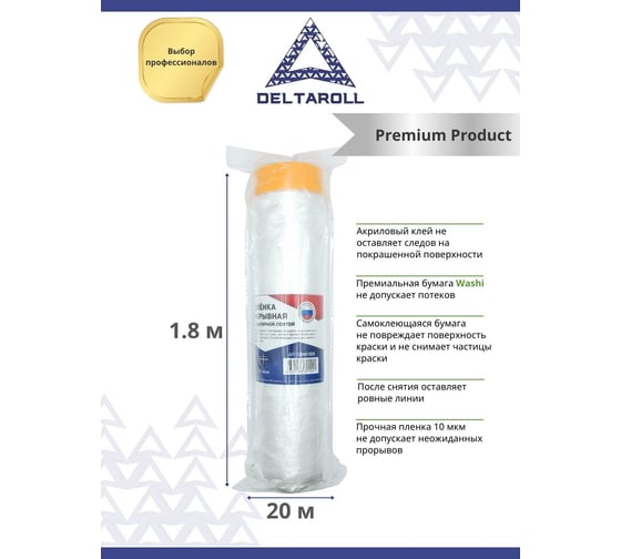 Плёнка укрывная с малярной лентой, прозрачная, 1.8х20 м DeltaRoll CB441820