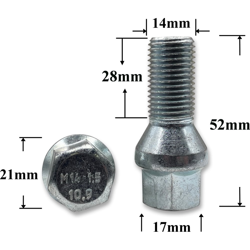 Болт колеса М14*1 25 (56/28  ключ 17  конус  хром.) (уп. 5 шт)