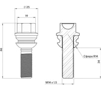 Болт колесный AIRLINE M14x1.5x34x66, сфера R14, кл.19, дакромет для а/м VW/Porsche/Audi (20 шт) ABLT004