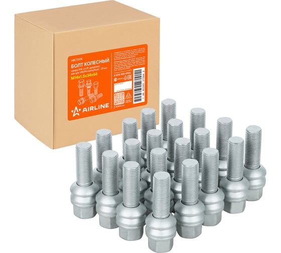 Болт колесный AIRLINE M14x1.5x34x66, сфера R14, кл.19, дакромет для а/м VW/Porsche/Audi (20 шт) ABLT004