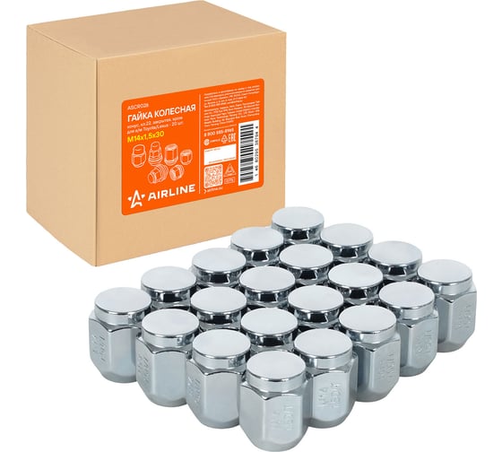 Гайка колесная AIRLINE M14x1.5x30, конус, кл.22, закрытая, хром для а/м Toyota/Lexus (20 шт) ASCR026
