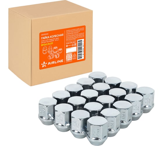 Гайка колесная AIRLINE M12x1.5x29, конус, кл.21, закрытая, хром для а/м Hyundai/KIA (20 шт) ASCR003