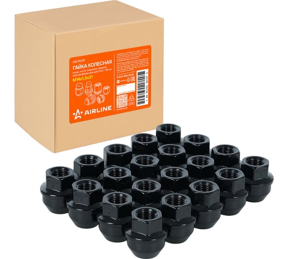 Гайка колесная AIRLINE M14x1.5x31, конус, кл.21, открытая, черный электрофорез для а/м Ford (20 шт) ASCR029