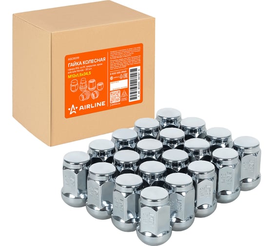 Гайка колесная AIRLINE M12x1.5x34.5, сфера R12, кл.19, закрытая, хром для а/м Honda (20 шт) ASCR019