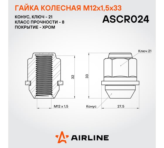Гайка колесная AIRLINE M12x1.5x33, конус с пластиковой шайбой, кл.21, закрытая, хром для а/м KIA (20 шт) ASCR024