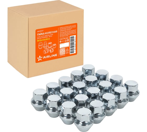 Гайка колесная AIRLINE M12x1.5x30.5, конус, кл.19, закрытая, хром для а/м Ford/Volvo (20 шт) ASCR007