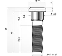 Шпилька колесная AIRLINE M12x1.25x30.5x51, d посадки 14.3, дакромет для а/м Nissan/Subaru (20 шт) ASTD010