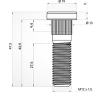 Шпилька колесная AIRLINE M12x1.5x27.5x47.5, d посадки 13, дакромет для а/м Hyundai/KIA/Mitsubishi (20 шт) ASTD001