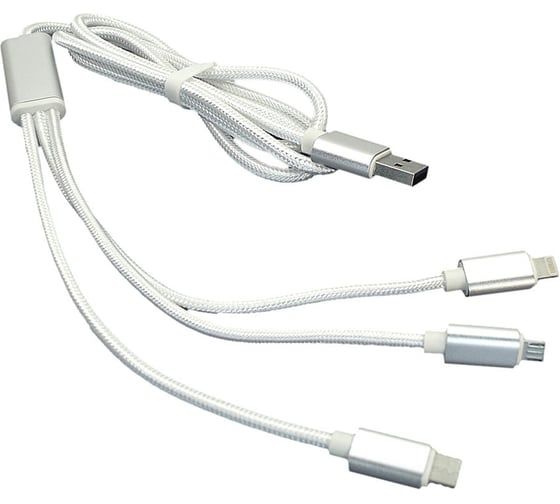 Кабель для зарядки Amperin USB (3-в-1) ( Apple Lightning 8Pin, USB Type-C, USB-Micro) ШНУРОК. 1m. Белый 77390