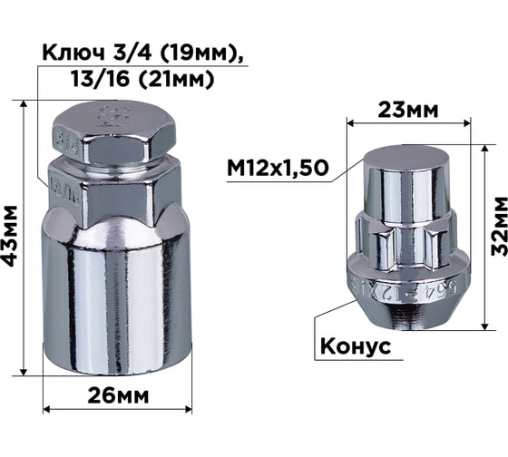 Гайки секретки М12x1.50, 32 мм, конус закр 5 луч 2 кл, хром 005, 4 шт SKYWAY S10702005