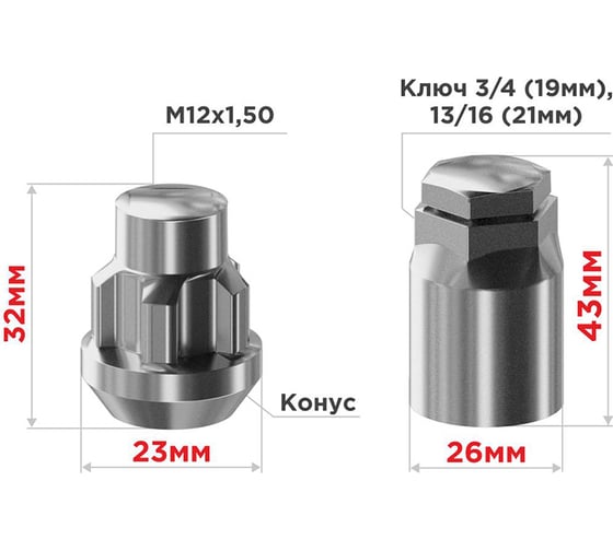 Гайки секретки М12x1.50, 32 мм, конус закр 5 луч 2 кл, хром 005, 4 шт SKYWAY S10702005