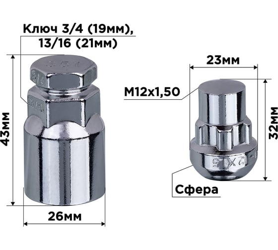 Гайки секретки M12x1.50, 32 мм, сфера закр 5 луч 2 кл, хром 003, 4 шт SKYWAY S10702003