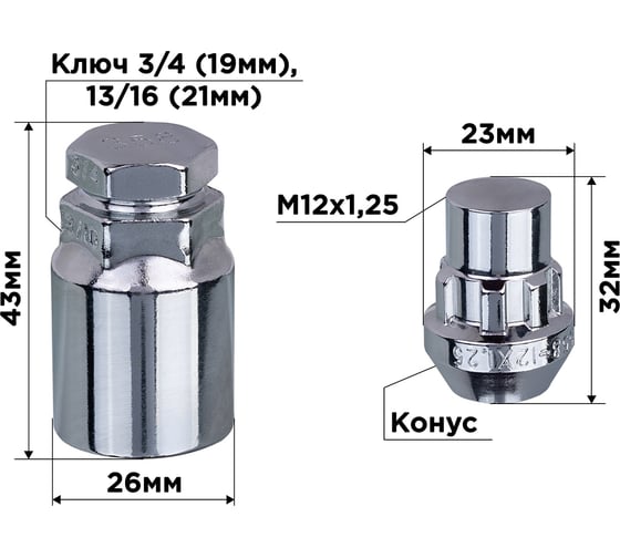 Гайки секретки М12x1.25, 32 мм, конус закр 5 луч 1 кл, хром 004, 4 шт SKYWAY S10702004