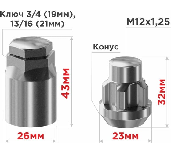 Гайки секретки М12x1.25, 32 мм, конус закр 5 луч 1 кл, хром 004, 4 шт SKYWAY S10702004