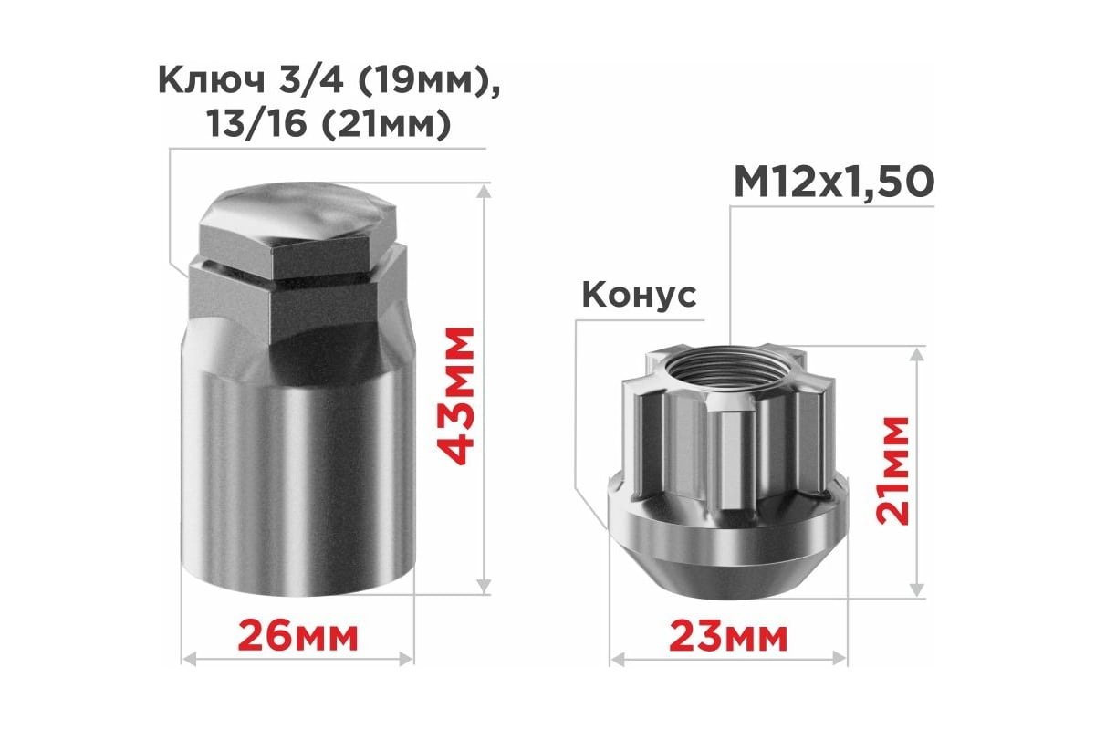 Гайки секретки M12x1.50, 21 мм, конус откр 5 луч 1 кл, хром 002, 4 шт  SKYWAY S10702002 - выгодная цена, отзывы, характеристики, фото - купить в  Москве и РФ