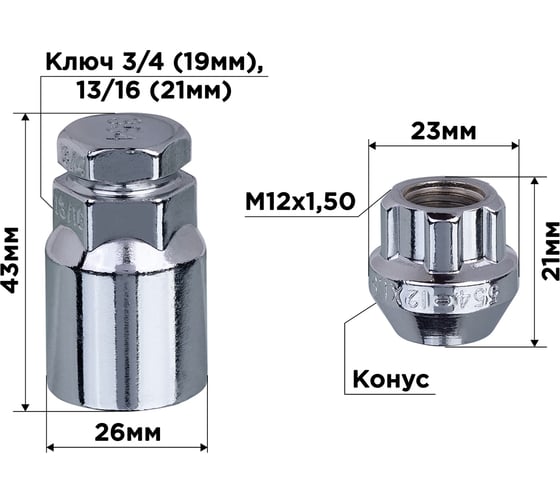 Гайки секретки M12x1.50, 21 мм, конус откр 5 луч 1 кл, хром 002, 4 шт SKYWAY S10702002
