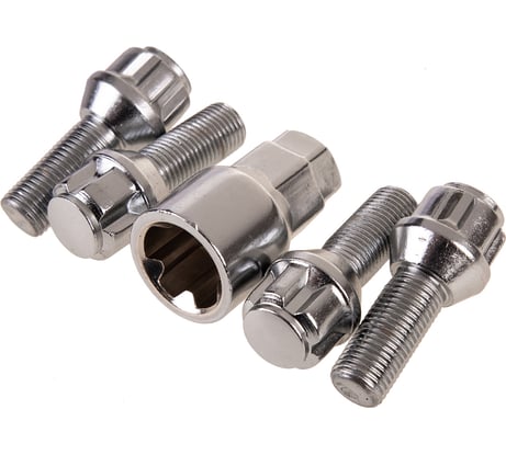 Болты секретки M12x1.25x28 мм, конус 5 луч 1 кл хром 001, 4 шт SKYWAY S10701001