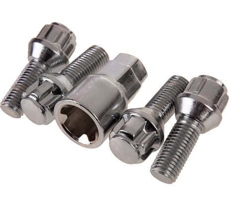 Болты секретки M12x1.50x28 мм, конус 5 луч 1 кл хром 002, 4 шт SKYWAY S10701002