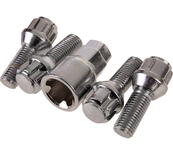 Болты секретки M12x1.50x28 мм, конус 5 луч 1 кл хром 002, 4 шт SKYWAY S10701002 1