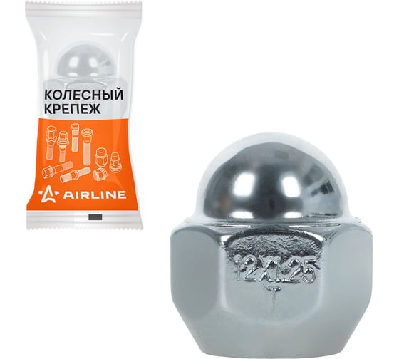 Гайка колесная AIRLINE M12x1.25x25, конус, ключ 21, закрытая, хром, 1 шт для Nissan/Infiniti ASCR218