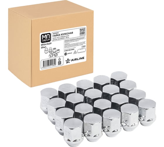 Гайка колесная AIRLINE M12x1.5x29, конус, ключ 21, закрытая, хром, 20 штук для а/м Hyundai/KIA МП-серия ASCR303
