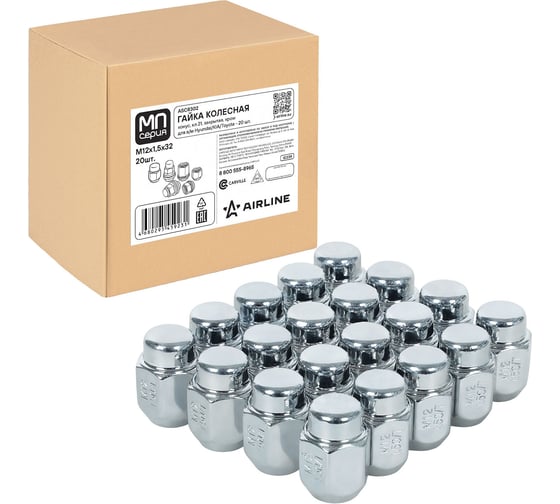 Гайка колесная AIRLINE M12x1.5x32, конус, ключ 21, закрытая, хром, 20 шт для а/м Hyundai/KIA/Toyota ASCR302