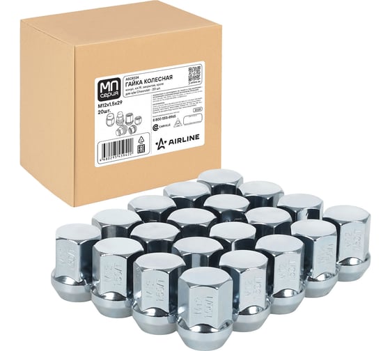 Гайка колесная AIRLINE M12x1.5x29, конус, ключ 19, закрытая, хром, 20 шт для а/м Chevrolet ASCR334