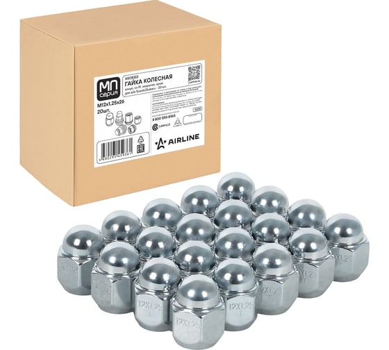 Гайка колесная AIRLINE M12x1.25x26, конус, ключ 19, закрытая, хром, 20 шт для а/м Suzuki/Subaru ASCR323