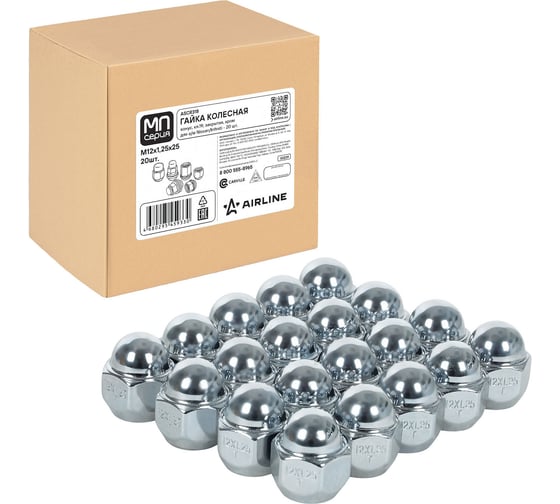 Гайка колесная AIRLINE M12x1.25x25, конус, ключ 21, закрытая, хром, 20 шт для а/м Nissan/Infiniti ASCR318