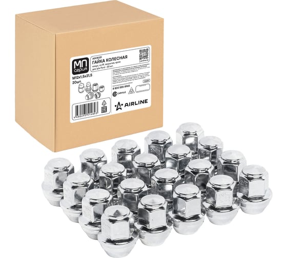 Гайка колесная AIRLINE M12x1.5x31.5, конус, ключ 19, закрытая, хром, 20 штук для а/м Ford МП-серия ASCR331