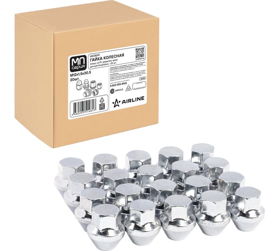Гайка колесная AIRLINE M12x1.5x30.5, конус, ключ 19, закрытая, хром, 20 штук для а/м Ford/Volvo МП-серия ASCR307