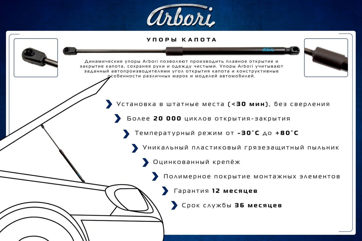 Упоры капота для MITSUBISHI ASX, 2017-, к-т 2 шт ARBORI.HD.029101 -  выгодная цена, отзывы, характеристики, фото - купить в Москве и РФ