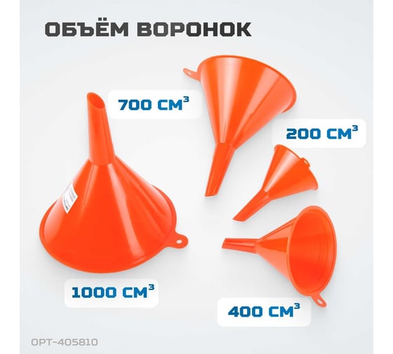 Набор воронок для бензина, масла, антифриза 4 шт, 50, 75, 95, 115 мм Optimus OPT-405810