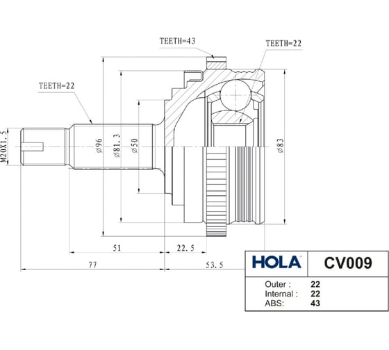Шрус наружный с ABS для ВАЗ 1118/2170/2190 HOLA CV009