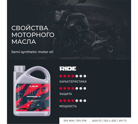 Моторное масло MOTO RIDE UNIVERSAL 2Т FC, 4 л LAVR Ln7742