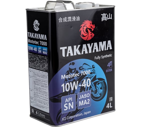 Масло моторное для четырехтактных двигателей MOTOTEC 7000 4T SAE 10W-40 API SN JASO MA-2 4 л TAKAYAMA 605581