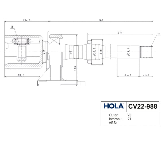 Шрус для а/м Toyota Rav 4 IV 2.0 2WD/4WD CVT, Rav 4 III 2.0 2WD CVFC внутренний HOLA CV22-988