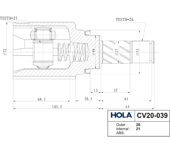 Шрус для а/м ВАЗ 2180 внутренний КПП Renault JH3 26/21шл HOLA CV20-039