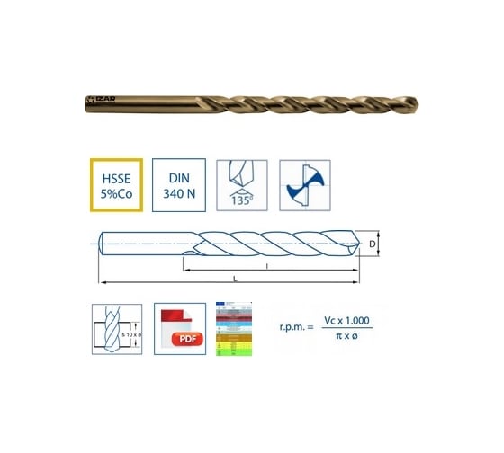Сверло удлиненное 5.5x91x139 мм, HSSE, DIN340N тип 1036, ц/хв IZAR 24360