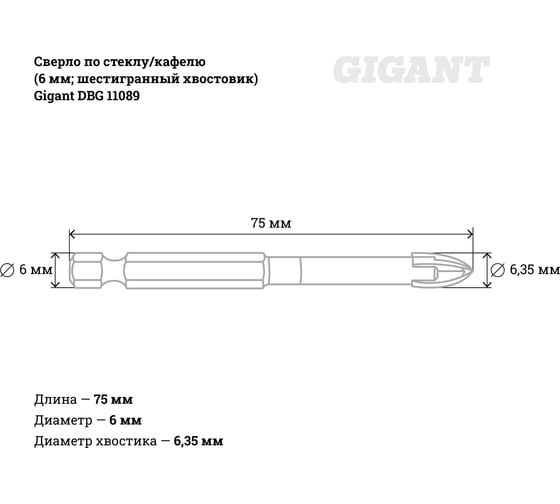 Сверло по стеклу/кафелю (6 мм; шестигранный хвостовик) Gigant DBG 11089