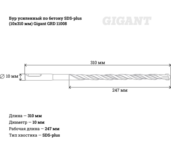 Бур усиленный по бетону SDS-plus (10x310 мм) Gigant GRD 11008