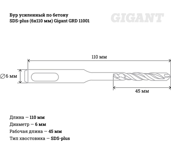 Бур усиленный по бетону SDS-plus (6x110 мм) Gigant GRD 11001