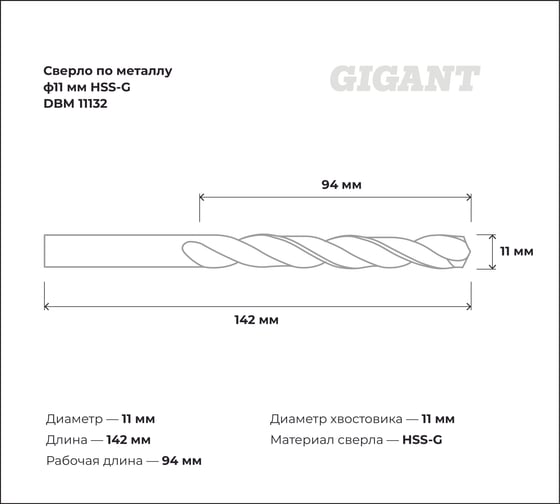 Сверло по металлу HSS-G (11х142х94 мм) Gigant DBM 11132