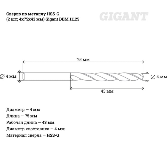 Сверло по металлу HSS-G (2 шт; 4х75х43 мм) Gigant DBM 11125