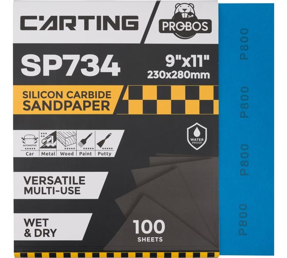 Бумага абразивная водостойкая Р800, 230х280 мм, Carting SP734, 100 шт PROBOS 73401972-100 1