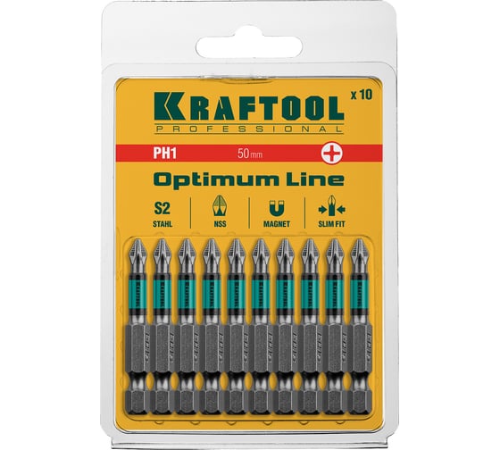 Биты профессиональные KRAFTOOL Optimum Line (PН1, 50 мм, 10 шт, в блистере) 26122-1-50-10