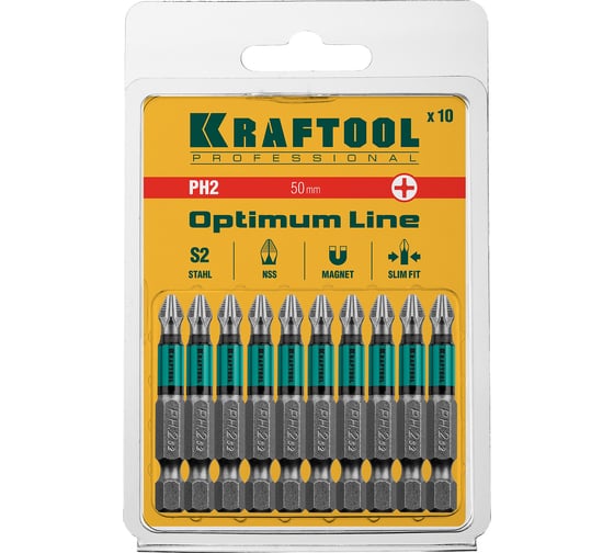 Биты KRAFTOOL Optimum Line PH2 50 мм, 10 шт. 26122-2-50-10
