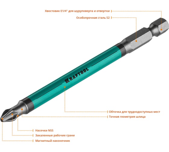 Биты KRAFTOOL Optimum Line PH2, 100 мм, E 1/4", 10 шт 26122-2-100-10